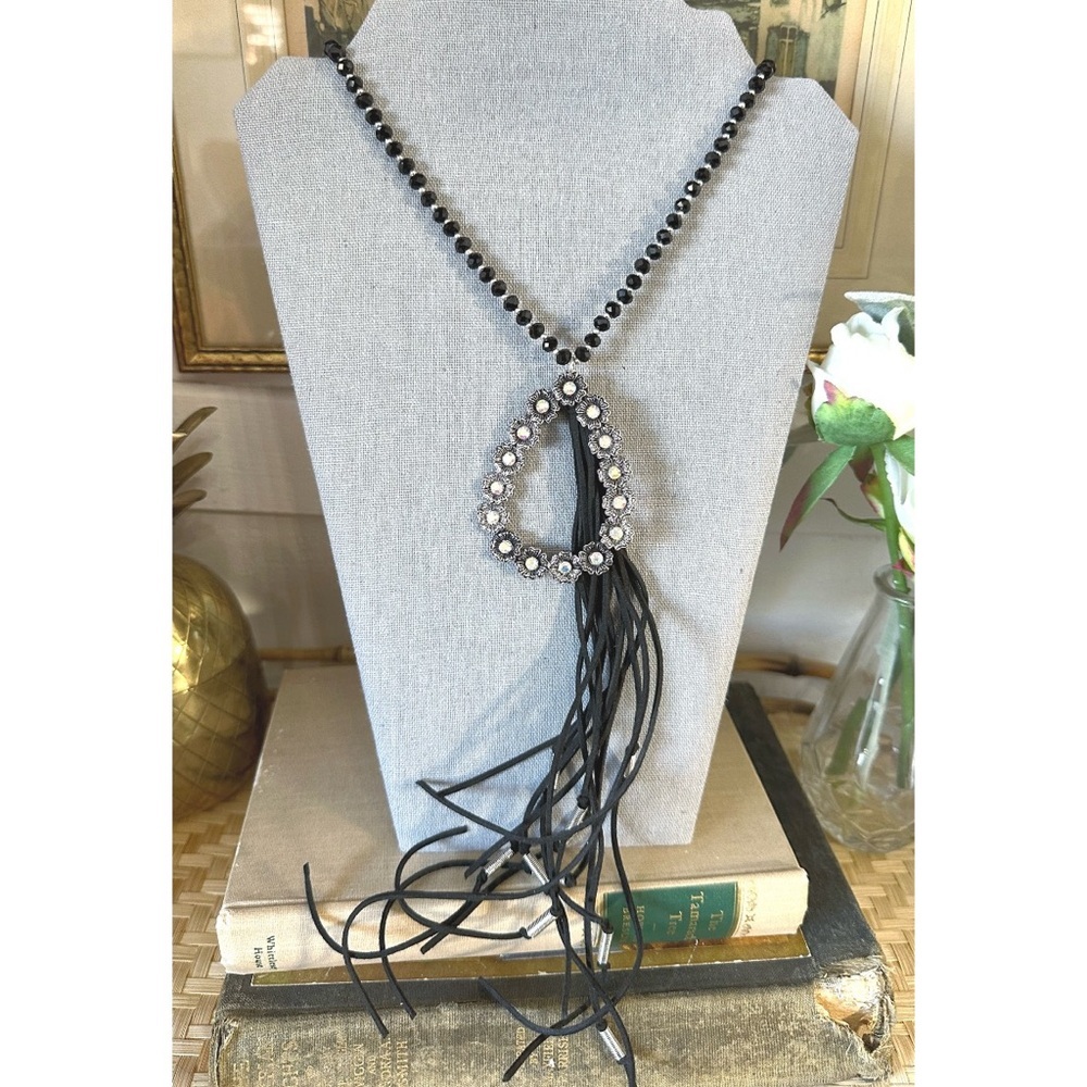 Black Rhinestone beaded necklace & teardrop-shaped pendant black leather tassels
